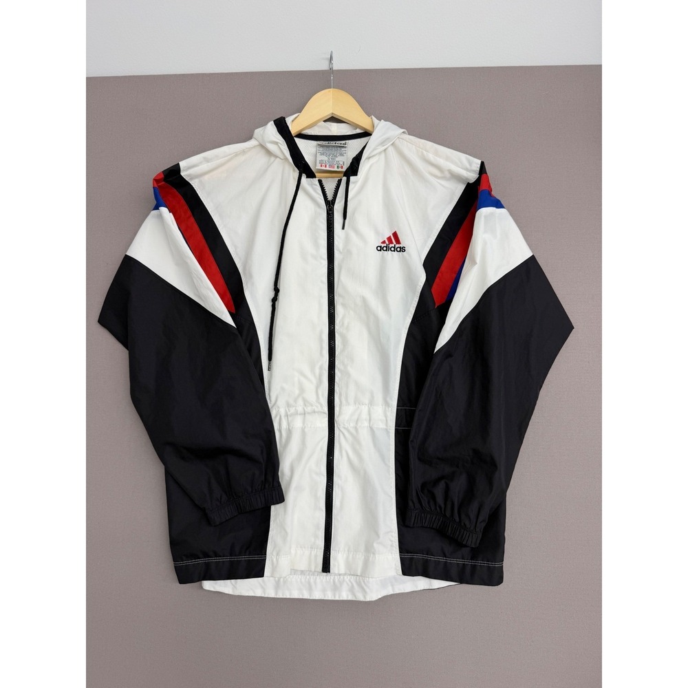 Vintage Adidas Windbreaker Jacket Mens Medium Colorblock Hooded Full Zip White